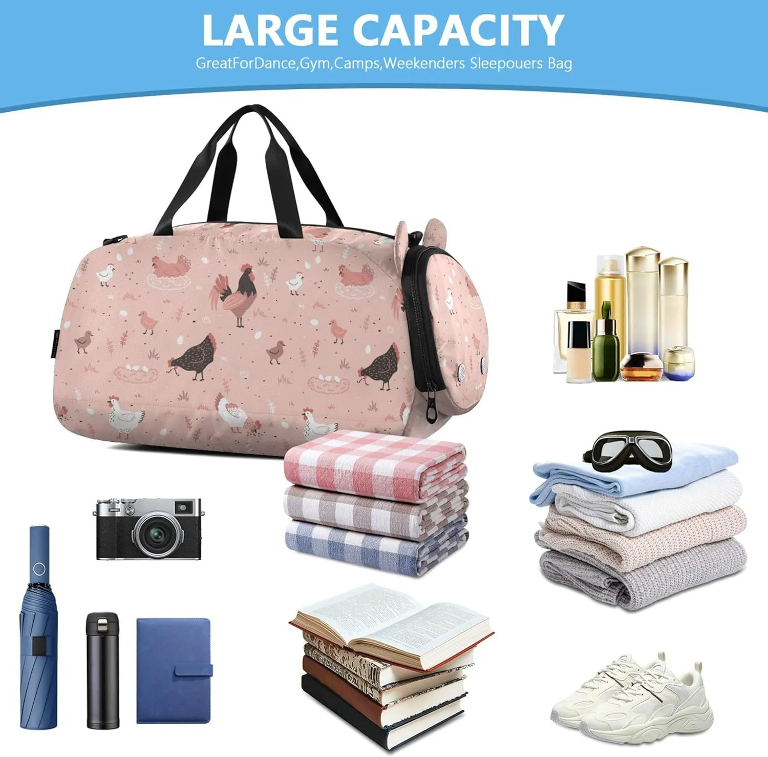 Rooster Chicken Pink Gym Duffel Bag with Shoes Compartment Large Capacity Overnight Travel Weekender Tote for Travel, Sports, Duffel, Weekender