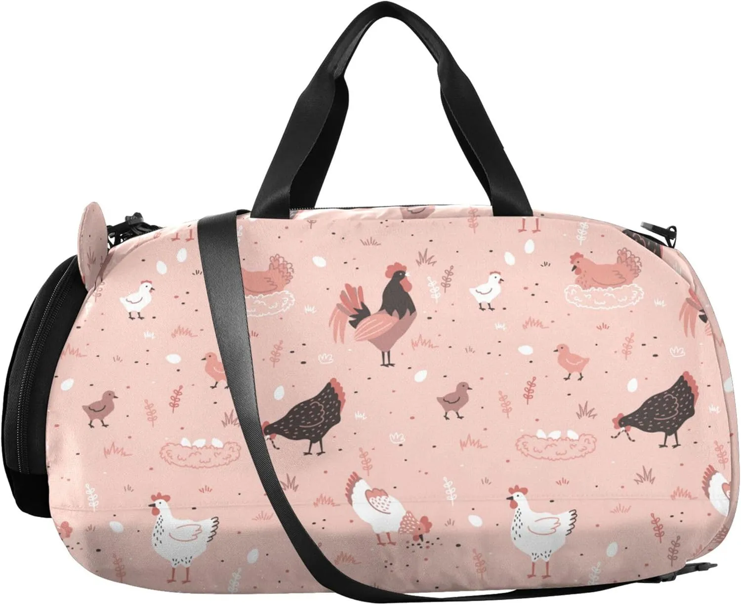 Rooster Chicken Pink Gym Duffel Bag with Shoes Compartment Large Capacity Overnight Travel Weekender Tote for Travel, Sports, Duffel, Weekender