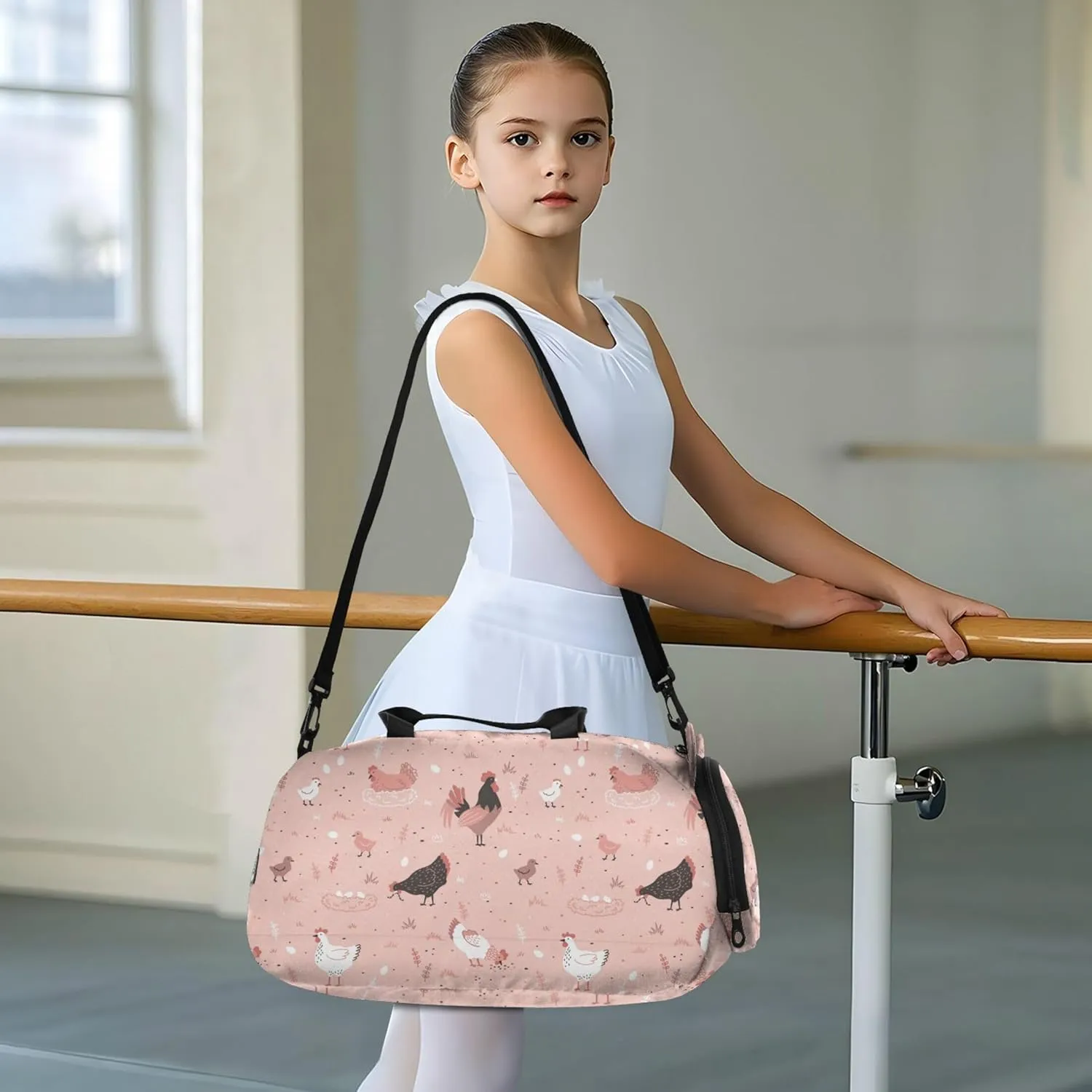 Rooster Chicken Pink Gym Duffel Bag with Shoes Compartment Large Capacity Overnight Travel Weekender Tote for Travel, Sports, Duffel, Weekender