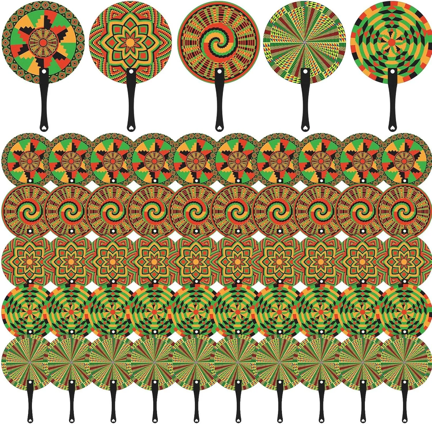 Roowest 100 Pcs African Plastic Fan African Round Handheld Fans 5 Styles Round Shaped Fans Bulk for Women Summer Wedding Birthday and African Gifts Theme Party Supplies