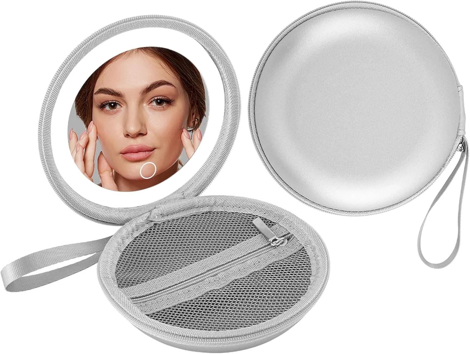 Round LED Makeup Mirror with Touch Control & Compact Storage – Waterproof, Rechargeable, Dual Light Modes, Portable Case with Lanyard (Silver)