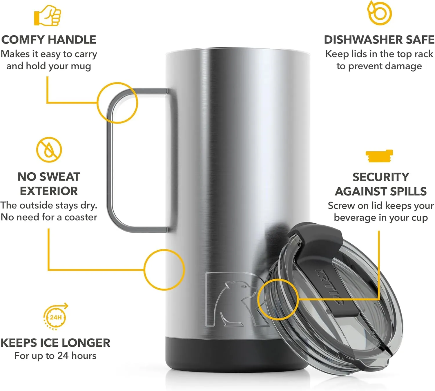 RTIC 16 oz Coffee Travel Mug with Lid and Handle, Stainless Steel Vacuum-Insulated Mugs, Leak, Spill Proof, Hot Beverage and Cold, Portable Thermal Tumbler Cup for Car, Camping
