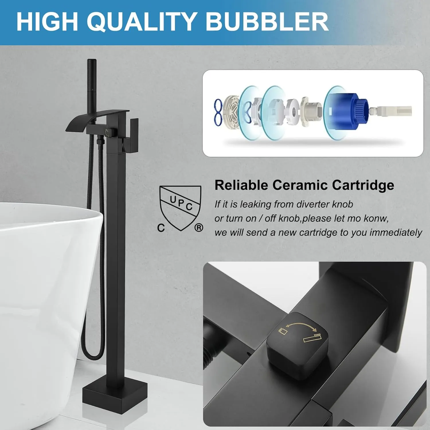 RUMOSE Tub Filler Freestanding Bathtub Faucet Matte Black Floor Mount Tub Faucet Waterfall Free Standing Bathtub Filler High Flow Brass Bath Shower Faucets with Handheld Sprayer