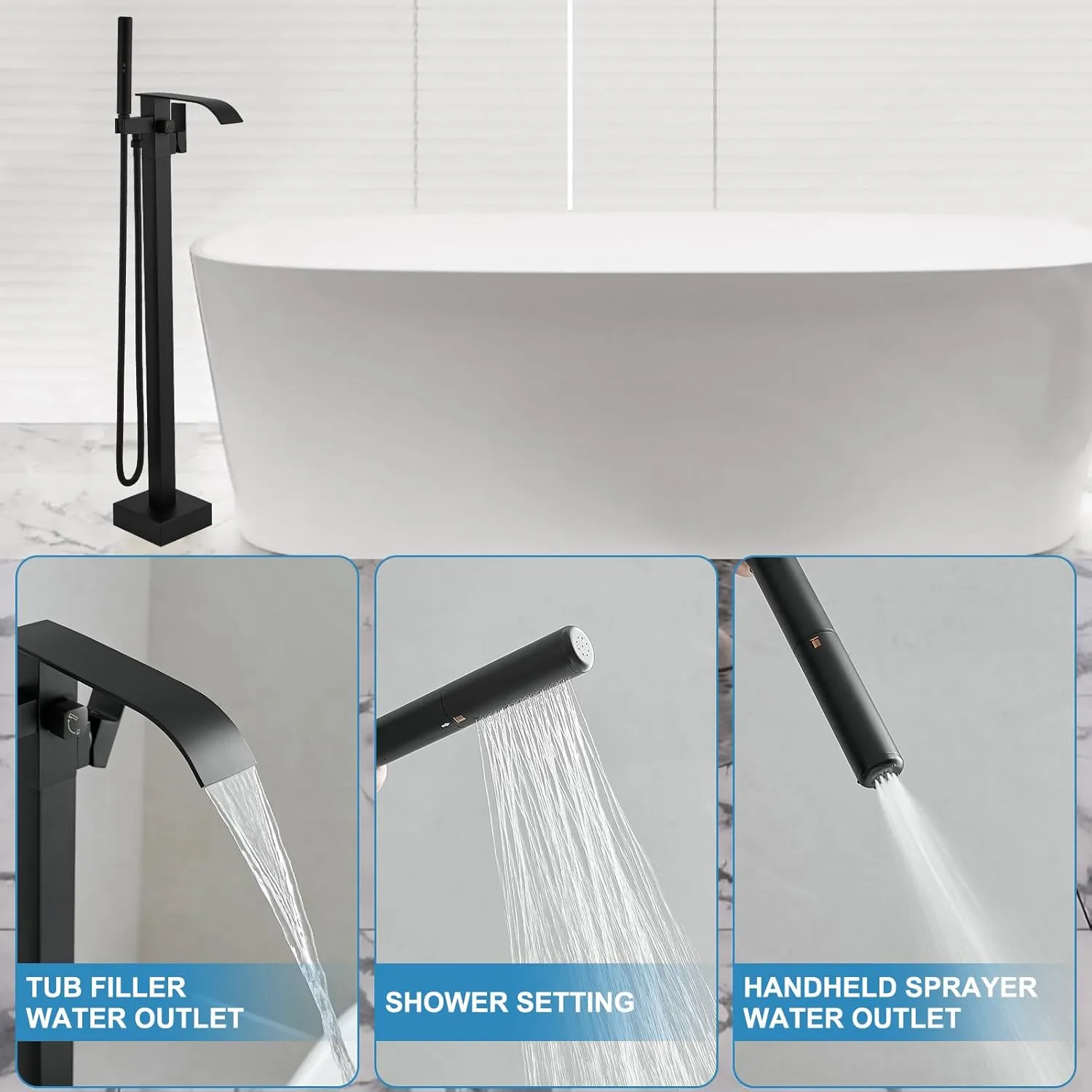 RUMOSE Tub Filler Freestanding Bathtub Faucet Matte Black Floor Mount Tub Faucet Waterfall Free Standing Bathtub Filler High Flow Brass Bath Shower Faucets with Handheld Sprayer