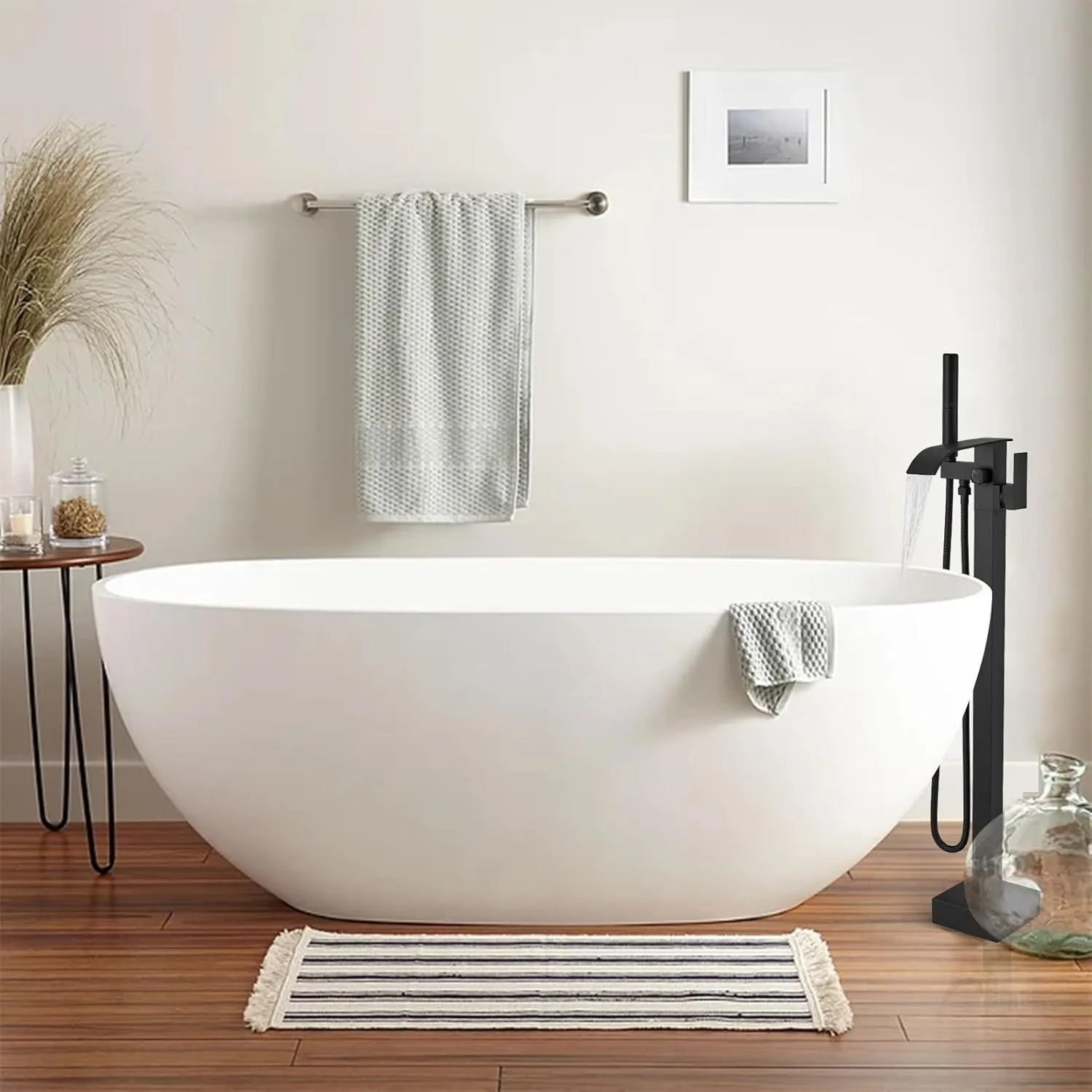 RUMOSE Tub Filler Freestanding Bathtub Faucet Matte Black Floor Mount Tub Faucet Waterfall Free Standing Bathtub Filler High Flow Brass Bath Shower Faucets with Handheld Sprayer