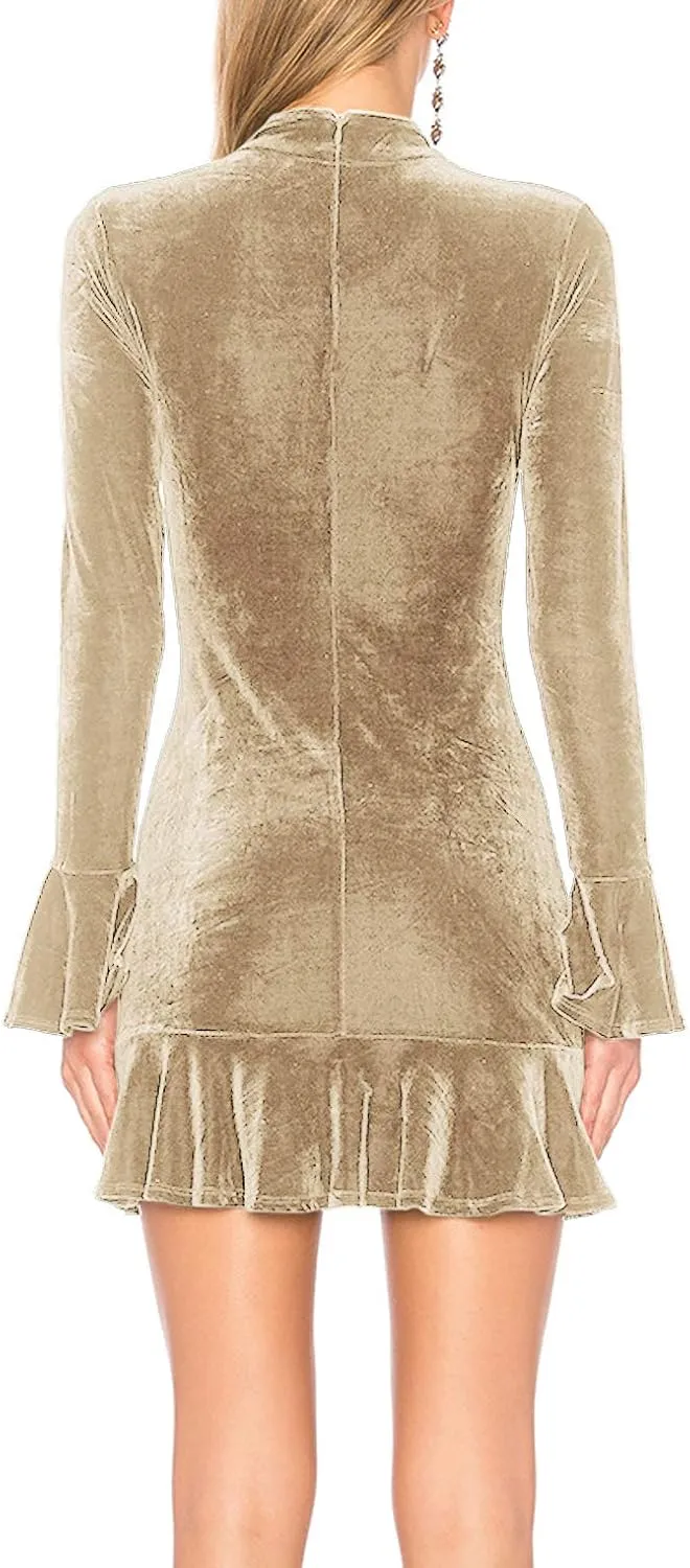 R.Vivimos Women's Winter Long Sleeve Velvet Ruffles Bodycon Mini Dress