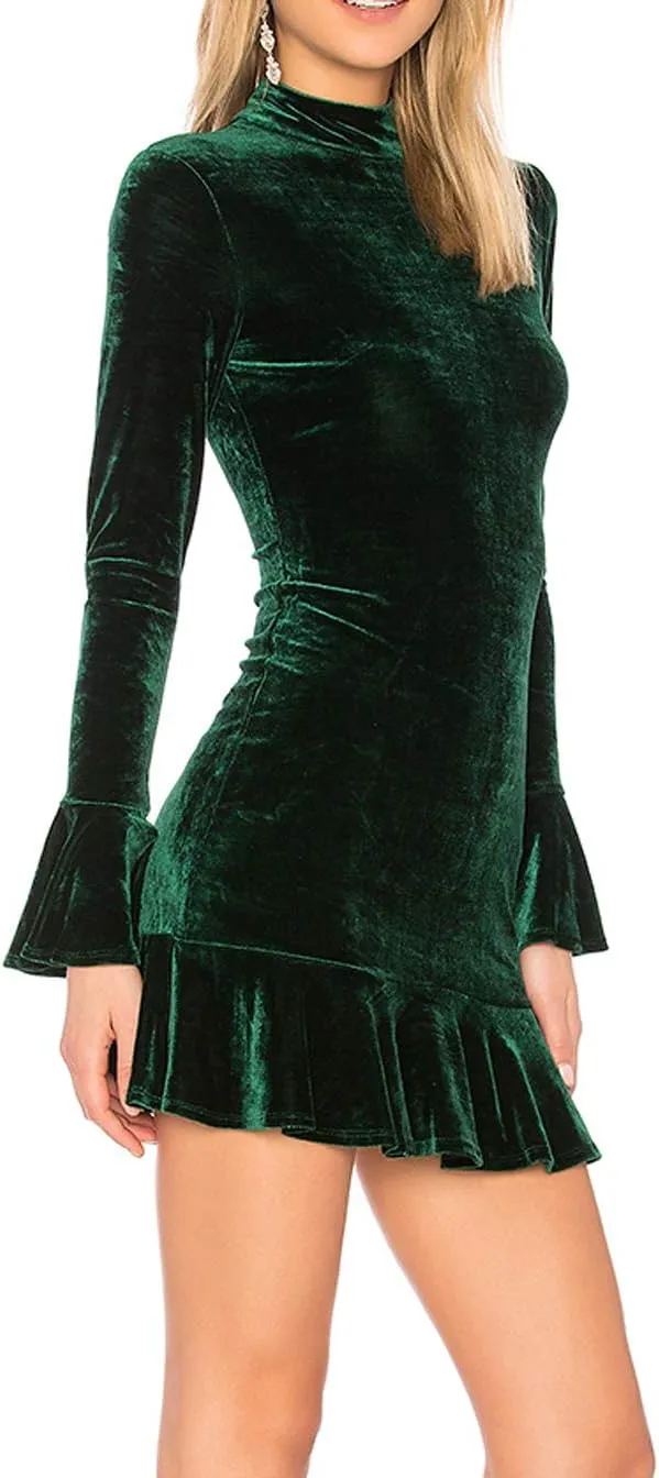 R.Vivimos Women's Winter Long Sleeve Velvet Ruffles Bodycon Mini Dress