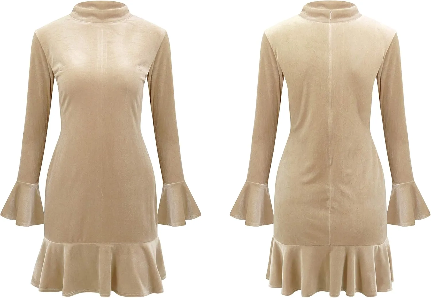 R.Vivimos Women's Winter Long Sleeve Velvet Ruffles Bodycon Mini Dress