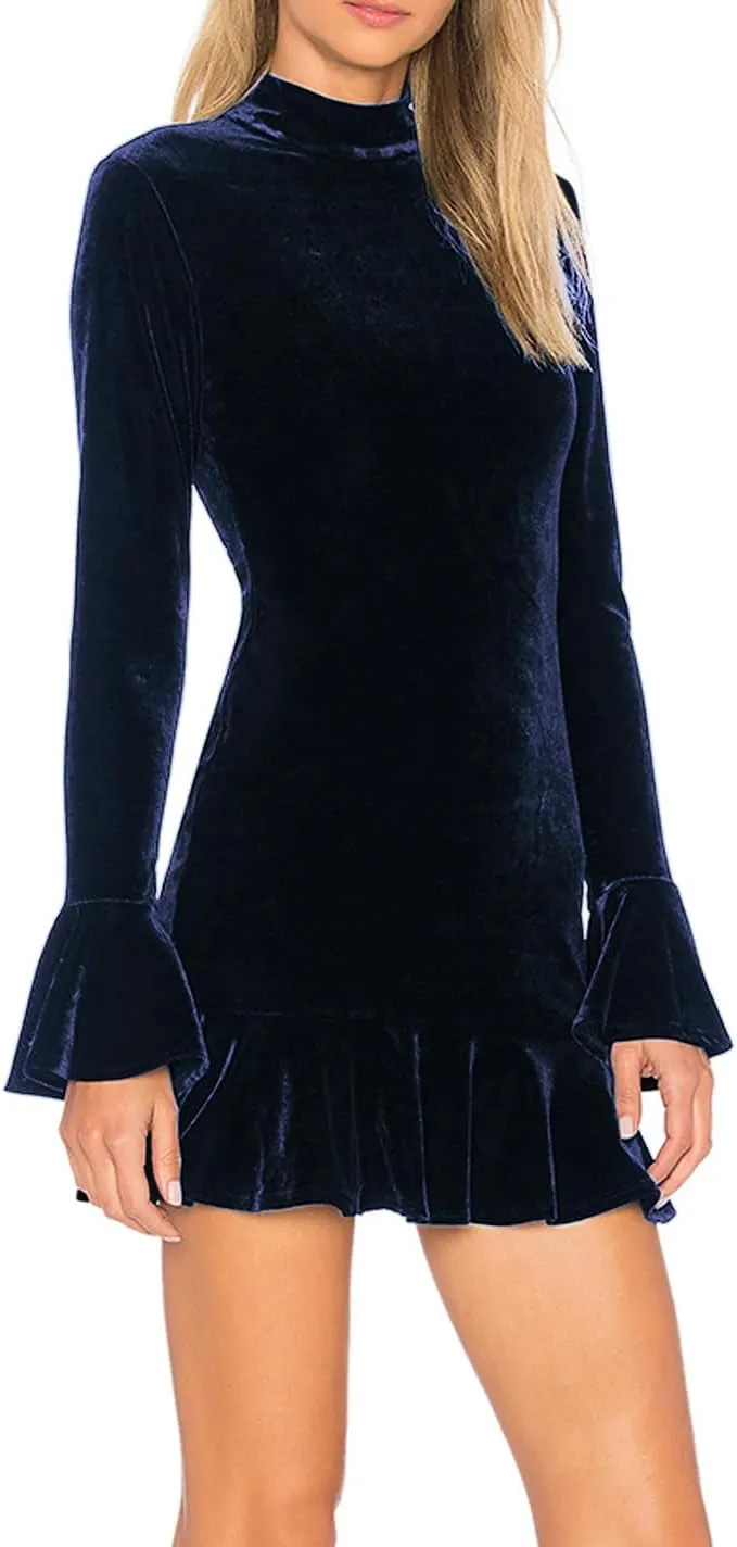 R.Vivimos Women's Winter Long Sleeve Velvet Ruffles Bodycon Mini Dress