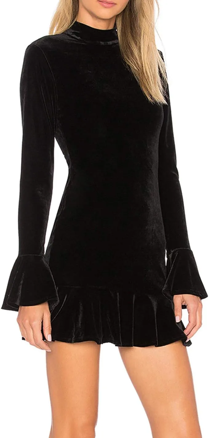 R.Vivimos Women's Winter Long Sleeve Velvet Ruffles Bodycon Mini Dress