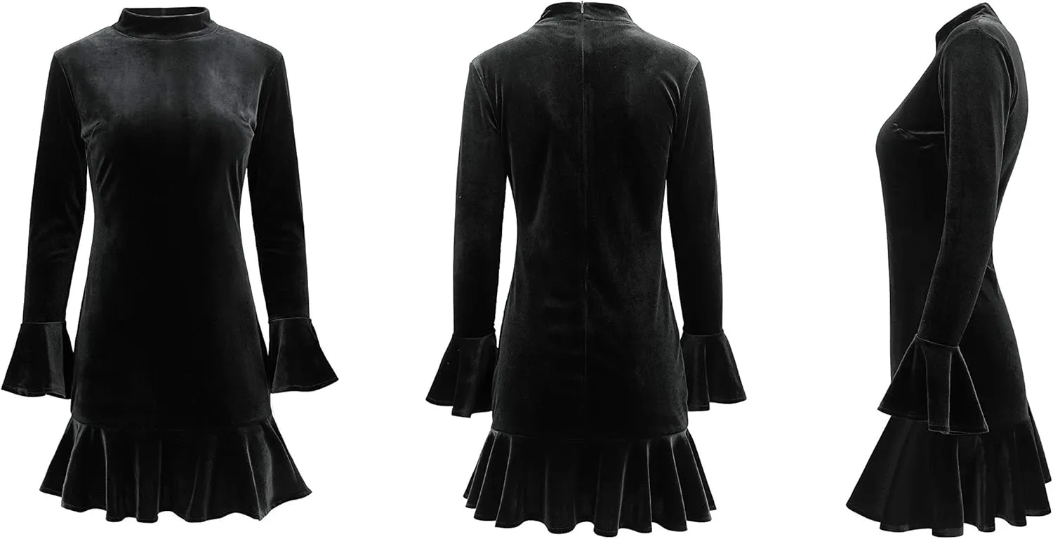 R.Vivimos Women's Winter Long Sleeve Velvet Ruffles Bodycon Mini Dress