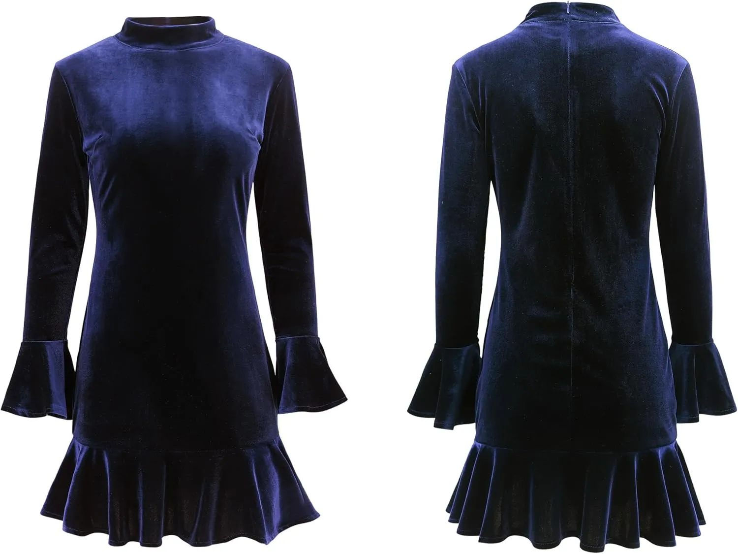 R.Vivimos Women's Winter Long Sleeve Velvet Ruffles Bodycon Mini Dress