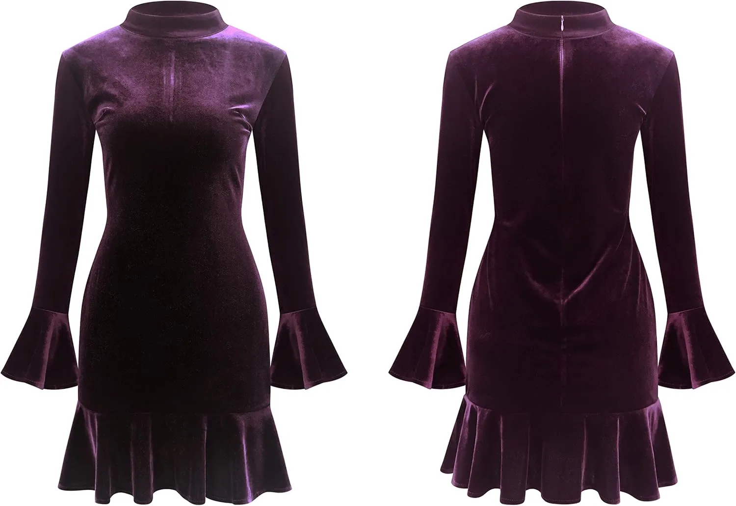 R.Vivimos Women's Winter Long Sleeve Velvet Ruffles Bodycon Mini Dress