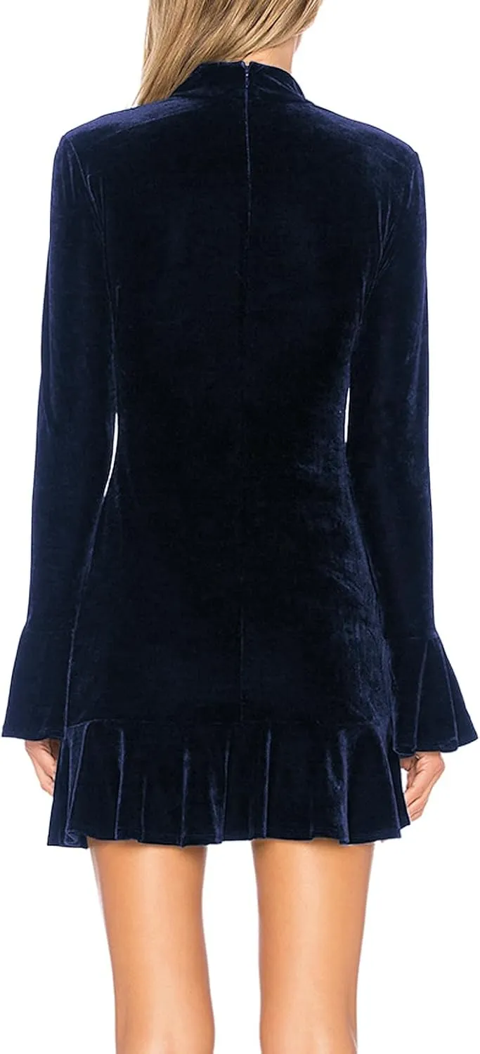 R.Vivimos Women's Winter Long Sleeve Velvet Ruffles Bodycon Mini Dress