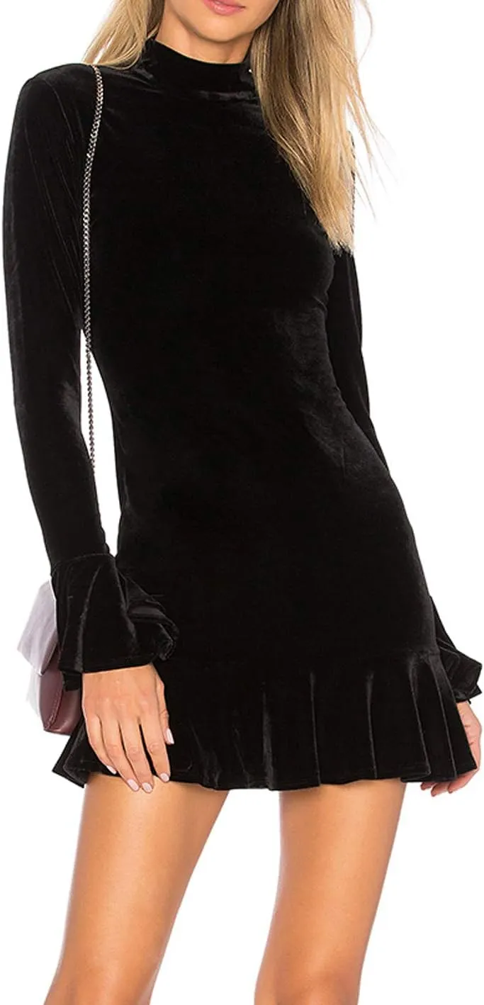 R.Vivimos Women's Winter Long Sleeve Velvet Ruffles Bodycon Mini Dress