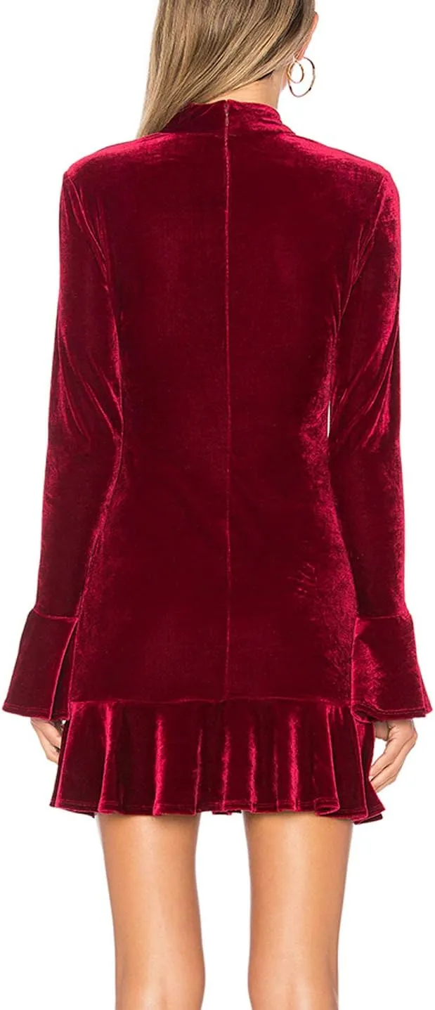 R.Vivimos Women's Winter Long Sleeve Velvet Ruffles Bodycon Mini Dress