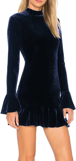 R.Vivimos Women's Winter Long Sleeve Velvet Ruffles Bodycon Mini Dress