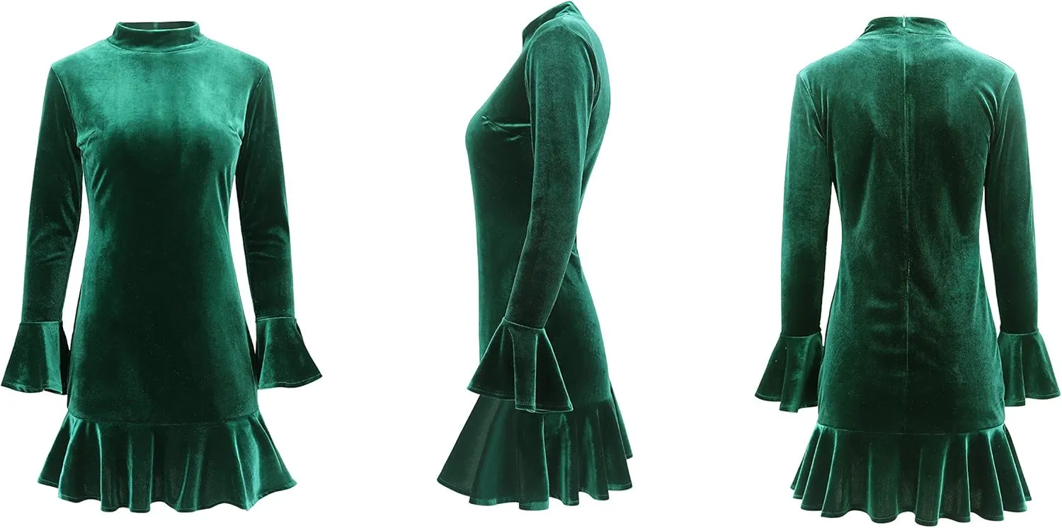 R.Vivimos Women's Winter Long Sleeve Velvet Ruffles Bodycon Mini Dress
