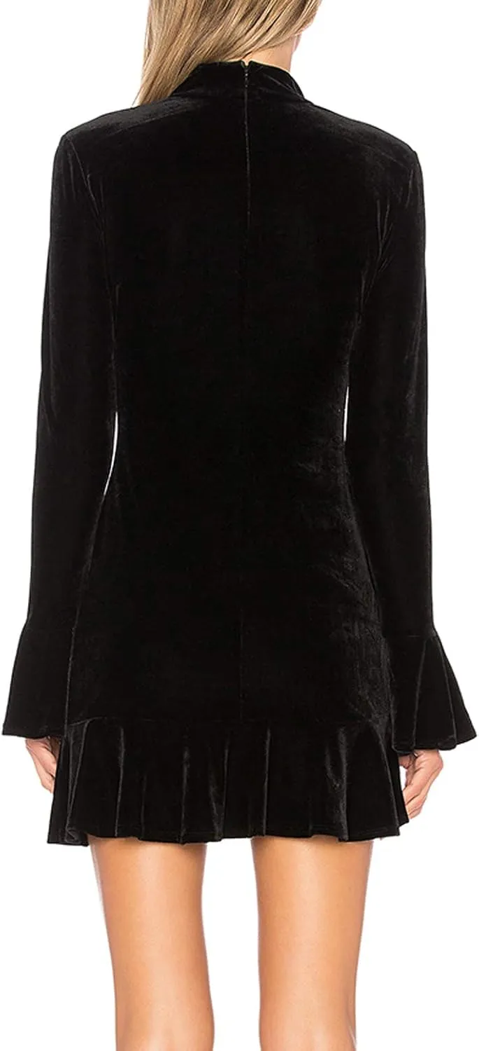 R.Vivimos Women's Winter Long Sleeve Velvet Ruffles Bodycon Mini Dress