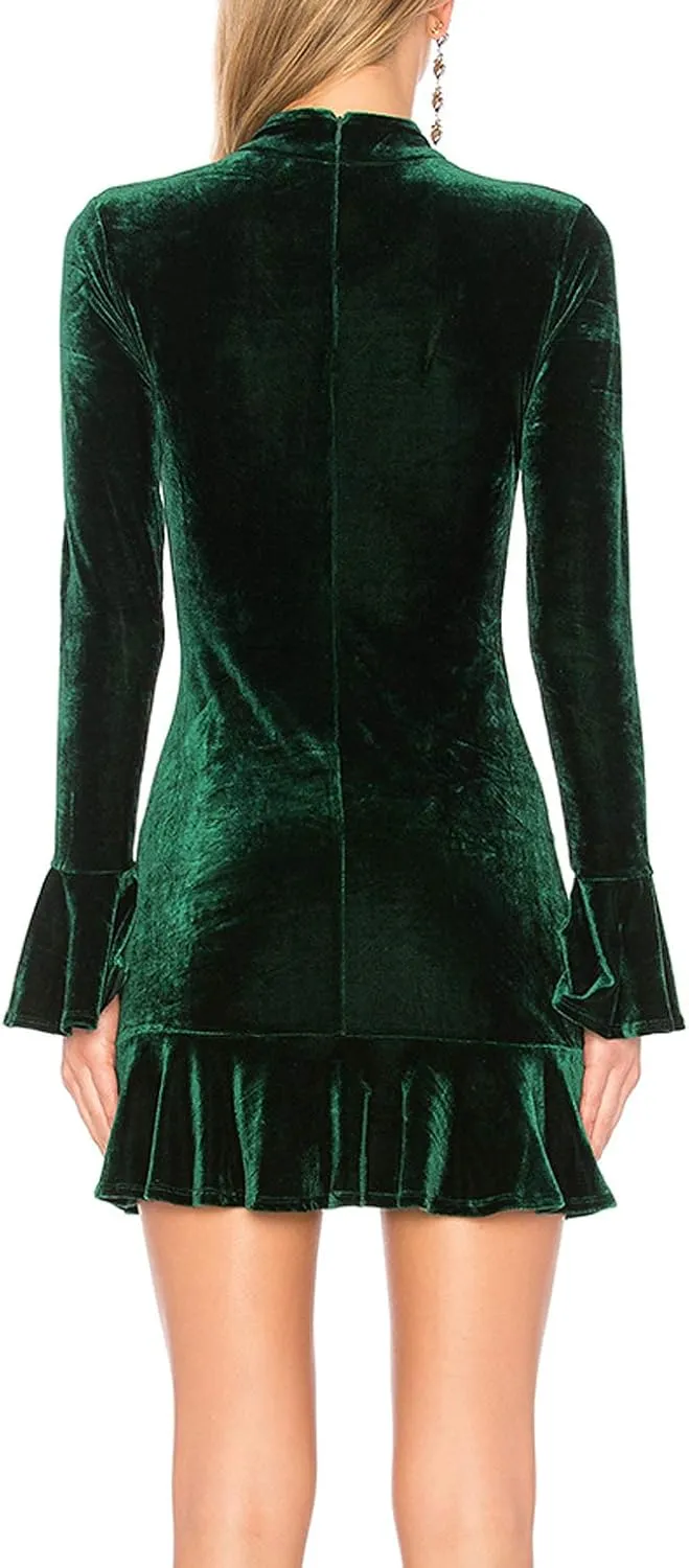 R.Vivimos Women's Winter Long Sleeve Velvet Ruffles Bodycon Mini Dress