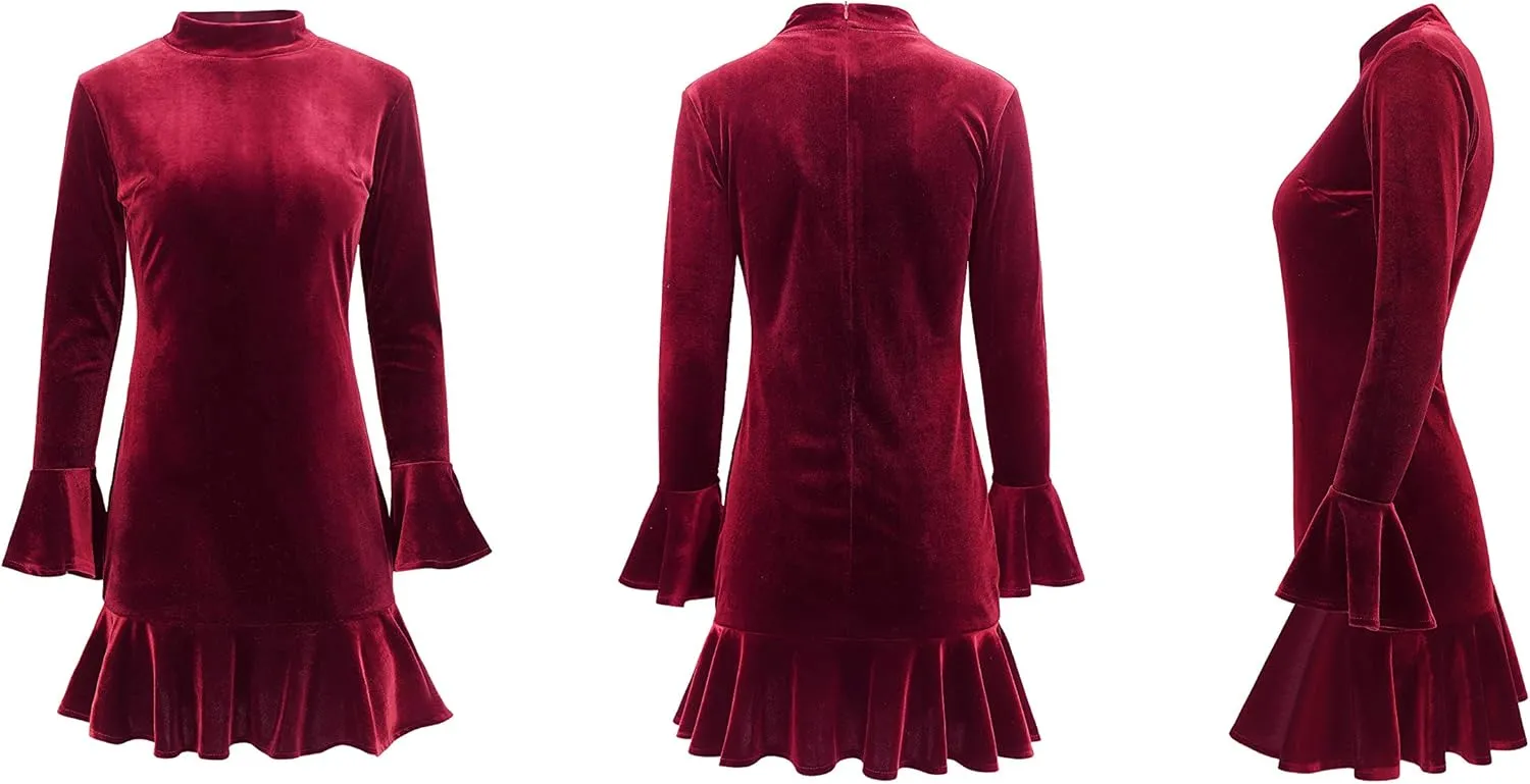 R.Vivimos Women's Winter Long Sleeve Velvet Ruffles Bodycon Mini Dress