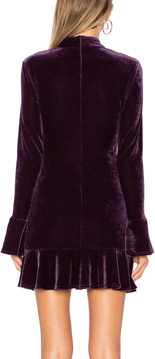 R.Vivimos Women's Winter Long Sleeve Velvet Ruffles Bodycon Mini Dress
