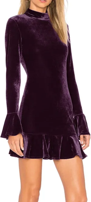 R.Vivimos Women's Winter Long Sleeve Velvet Ruffles Bodycon Mini Dress