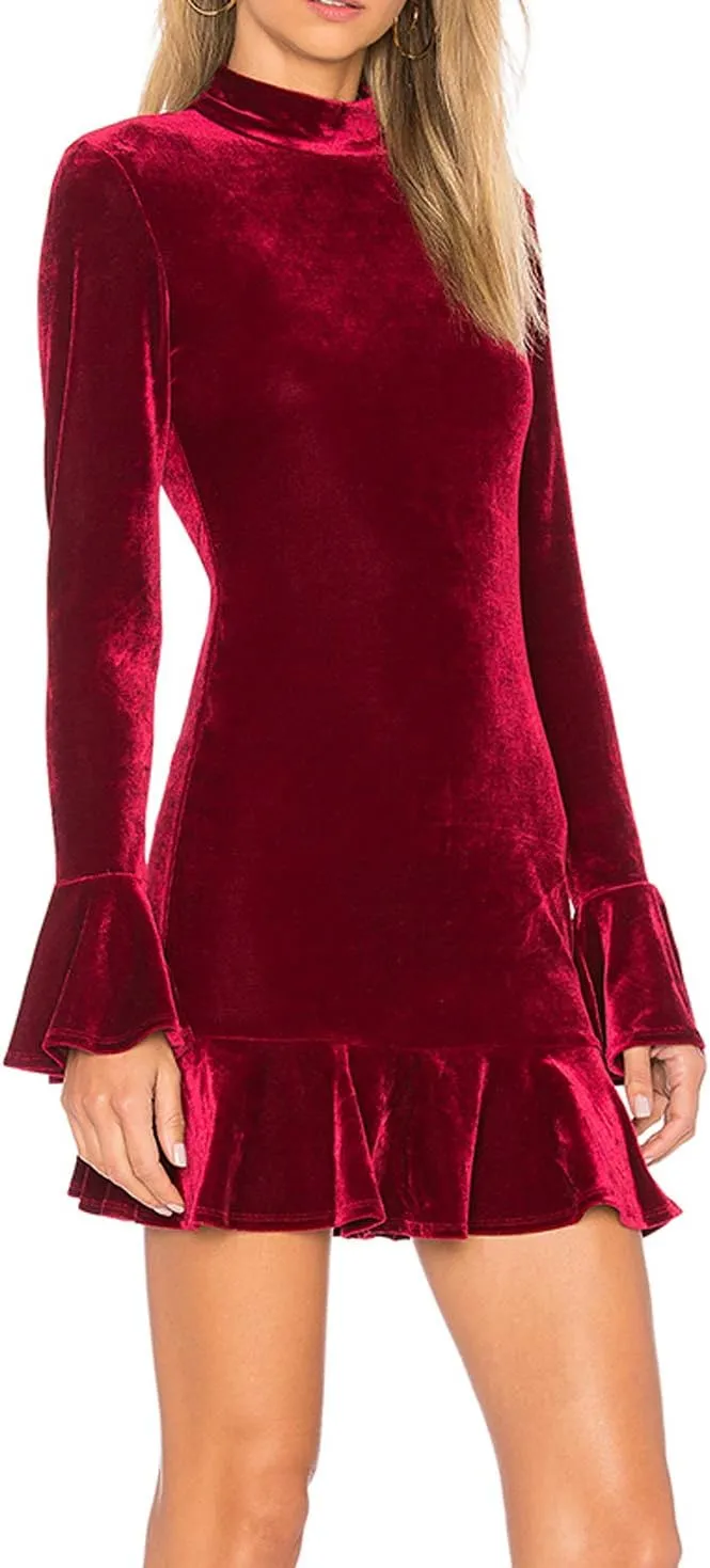 R.Vivimos Women's Winter Long Sleeve Velvet Ruffles Bodycon Mini Dress