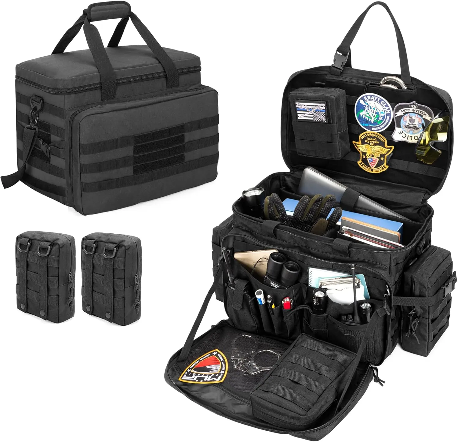 samdew Patrol Bag Law Enforcement, Duty Bag for Police Equipment with 2 Detachable MOLLE Pouches & Laptop Layer (up to 15.6"), Bailout Tactical Organizer for Car Front Seat, Black