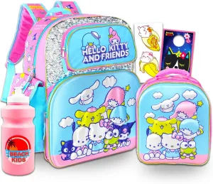 Sanrio Backpack with Lunchbox Featuring Cinnamoroll, Keroppi, Little Twin Stars, Pochacco - Bundle with 16” Sanrio School Backpack, Lunch Bag, Water Bottle, Stickers | Hello Kitty and Friends Bag