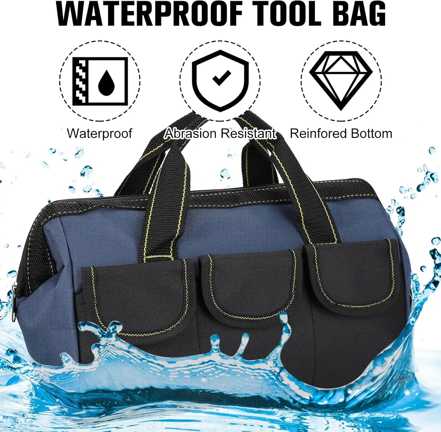 Sanwuta 3 Pack Tool Bag for Men with Waterproof Hard Bottom, Heavy Duty Tool Bag Wide Mouth Tote for Various Instrument, Electrician Carpenter Mechanic(13 Inch,Blue, Yellow, Army Green)