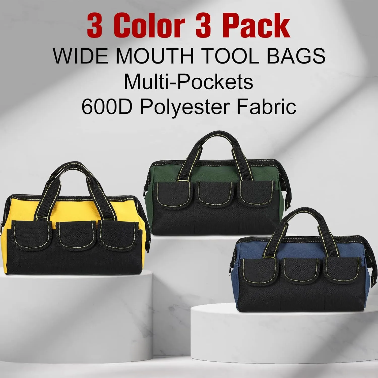Sanwuta 3 Pack Tool Bag for Men with Waterproof Hard Bottom, Heavy Duty Tool Bag Wide Mouth Tote for Various Instrument, Electrician Carpenter Mechanic(13 Inch,Blue, Yellow, Army Green)