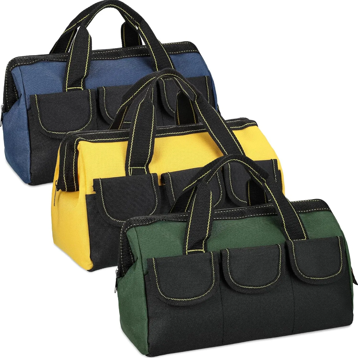 Sanwuta 3 Pack Tool Bag for Men with Waterproof Hard Bottom, Heavy Duty Tool Bag Wide Mouth Tote for Various Instrument, Electrician Carpenter Mechanic(13 Inch,Blue, Yellow, Army Green)