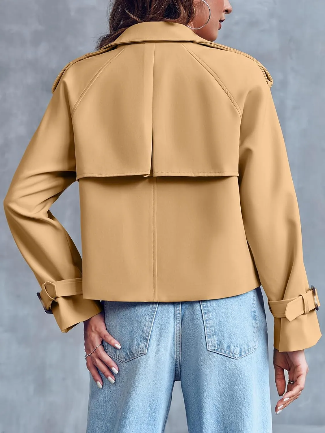 Saodimallsu Women Crop Double Breasted Trench Coat Raglan Sleeve Work Office Cropped Jacket With Pockets