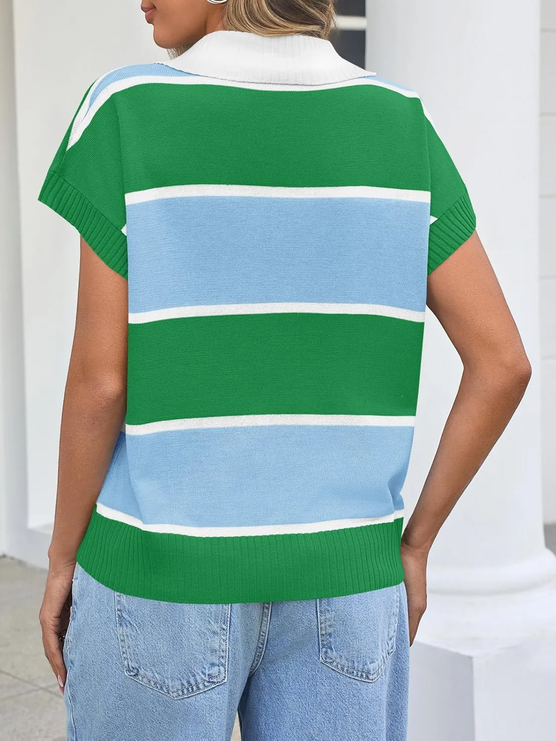 Saodimallsu Womens Striped Short Sleeve Sweater V Neck Button Down Color Block Loose Knit Pullover Tops