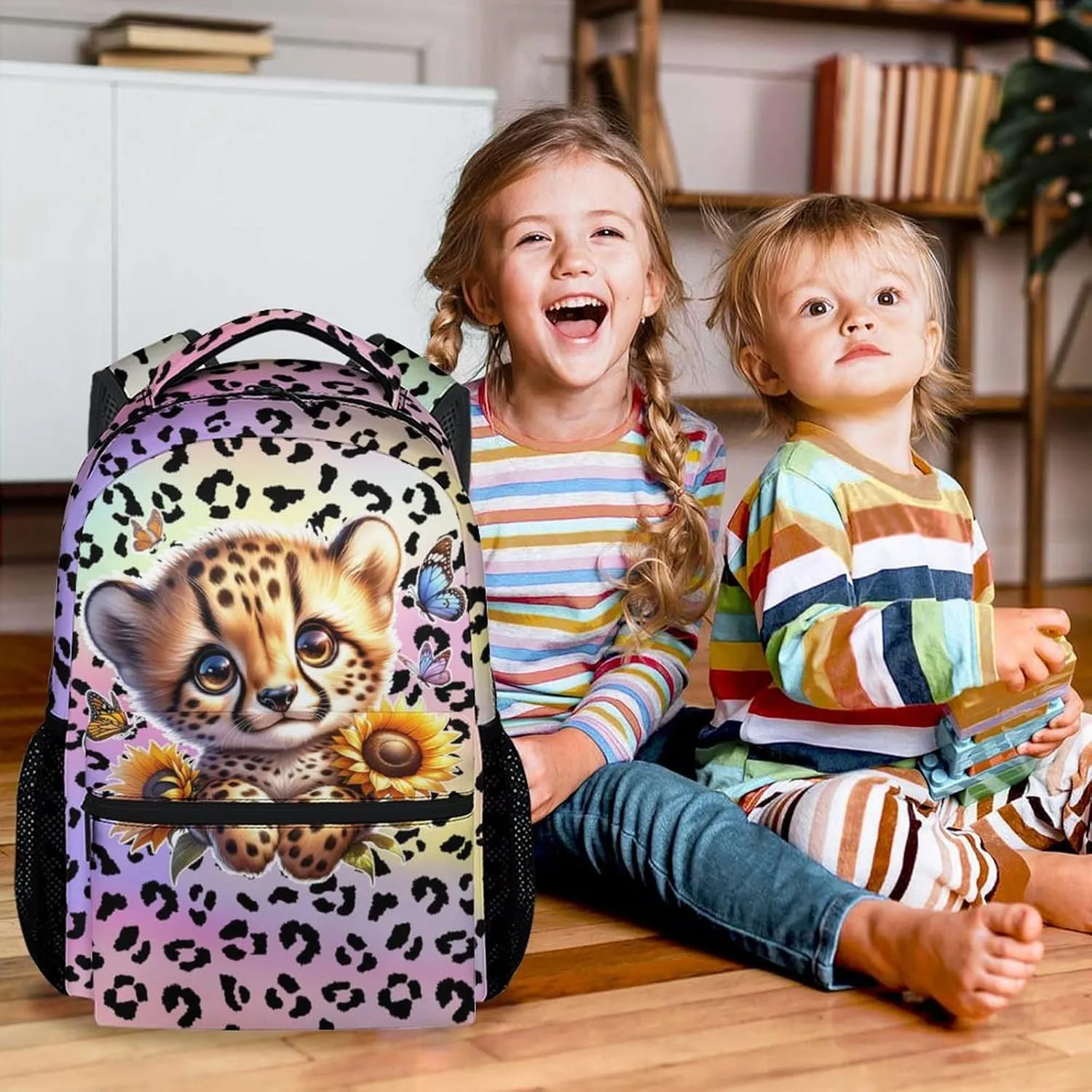 School Backpack for Girls, 17 Inch Colorful Cheetah Backpacks for Kids, Cute Lightweight Bookbag