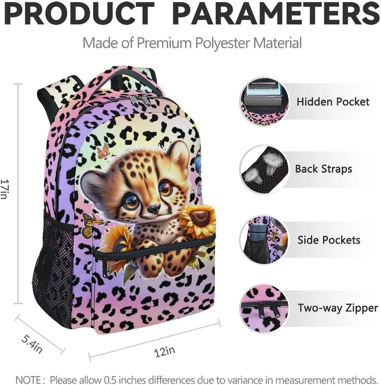 School Backpack for Girls, 17 Inch Colorful Cheetah Backpacks for Kids, Cute Lightweight Bookbag