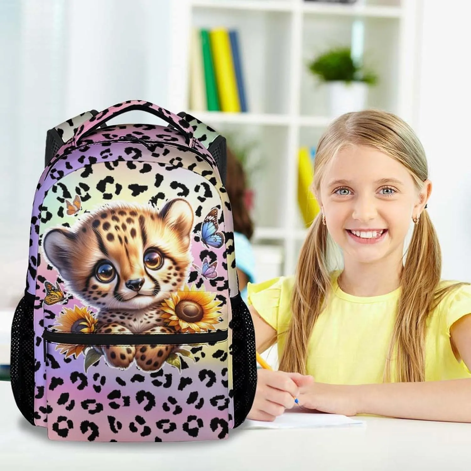 School Backpack for Girls, 17 Inch Colorful Cheetah Backpacks for Kids, Cute Lightweight Bookbag