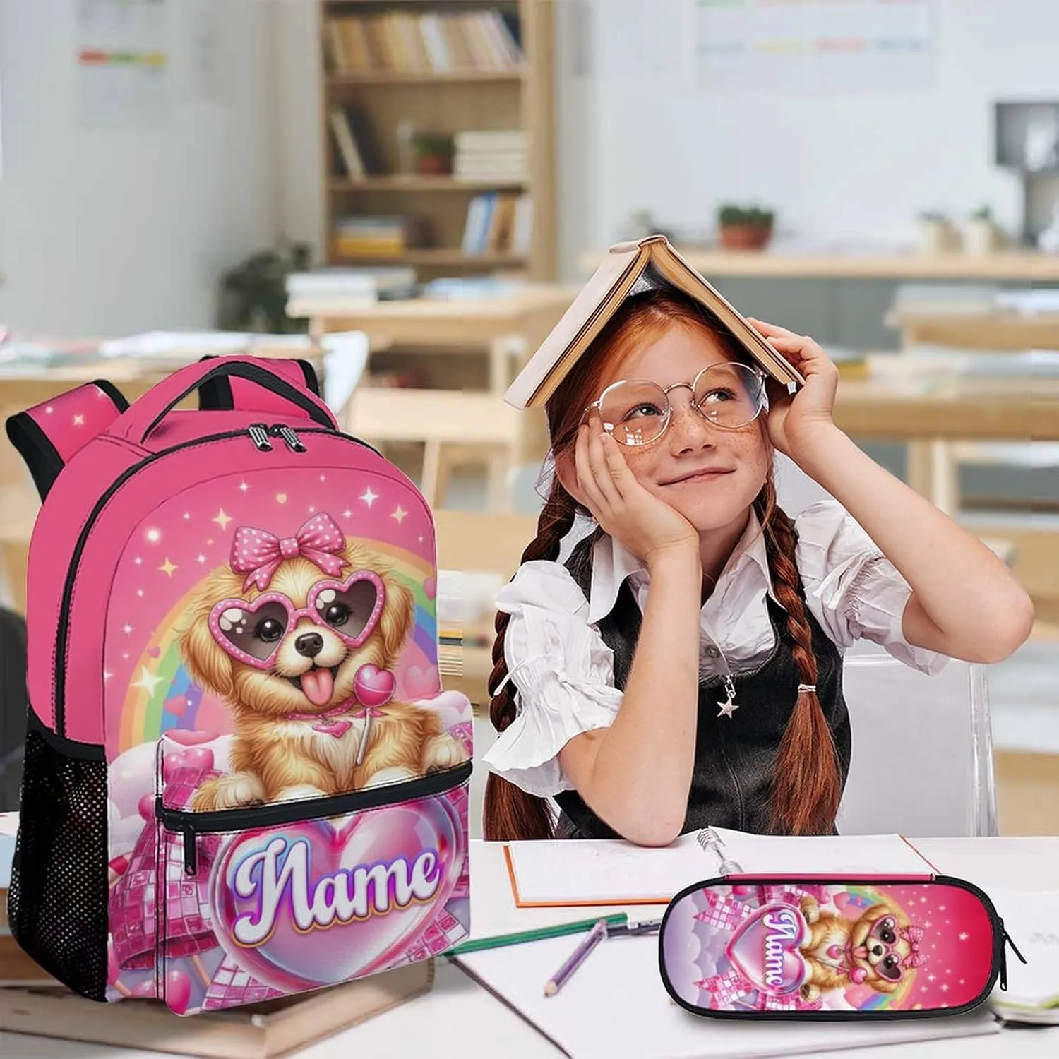 School Backpack for Girls, Dog Backpacks with Lunch Box Matching Combo for Elementary Preschool Middle School, Cute Large Capacity Bookbag and Pencil Case Bundle for Kids Students