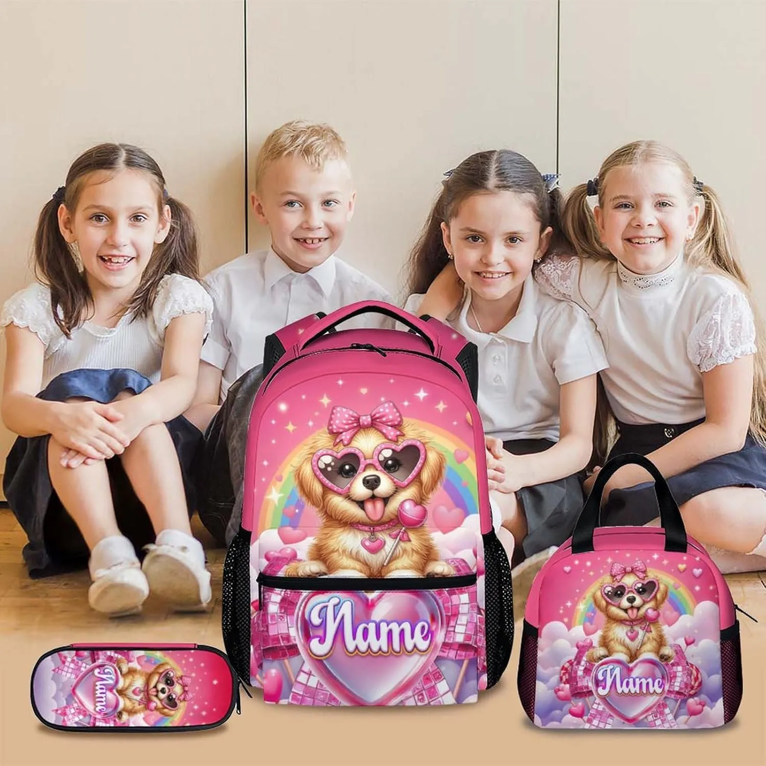 School Backpack for Girls, Dog Backpacks with Lunch Box Matching Combo for Elementary Preschool Middle School, Cute Large Capacity Bookbag and Pencil Case Bundle for Kids Students