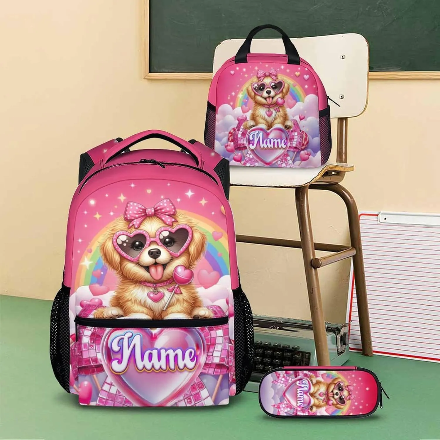 School Backpack for Girls, Dog Backpacks with Lunch Box Matching Combo for Elementary Preschool Middle School, Cute Large Capacity Bookbag and Pencil Case Bundle for Kids Students