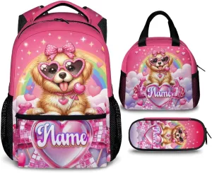 School Backpack for Girls, Dog Backpacks with Lunch Box Matching Combo for Elementary Preschool Middle School, Cute Large Capacity Bookbag and Pencil Case Bundle for Kids Students