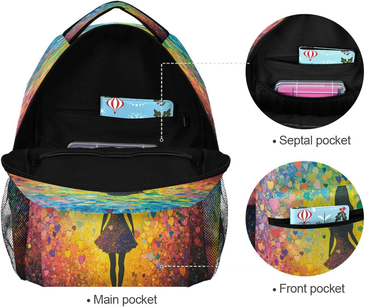 School Backpack for Men Women Fashion Diaper Bag Backpack with Chest Strap for College Work Colorful Hearts Rainbow