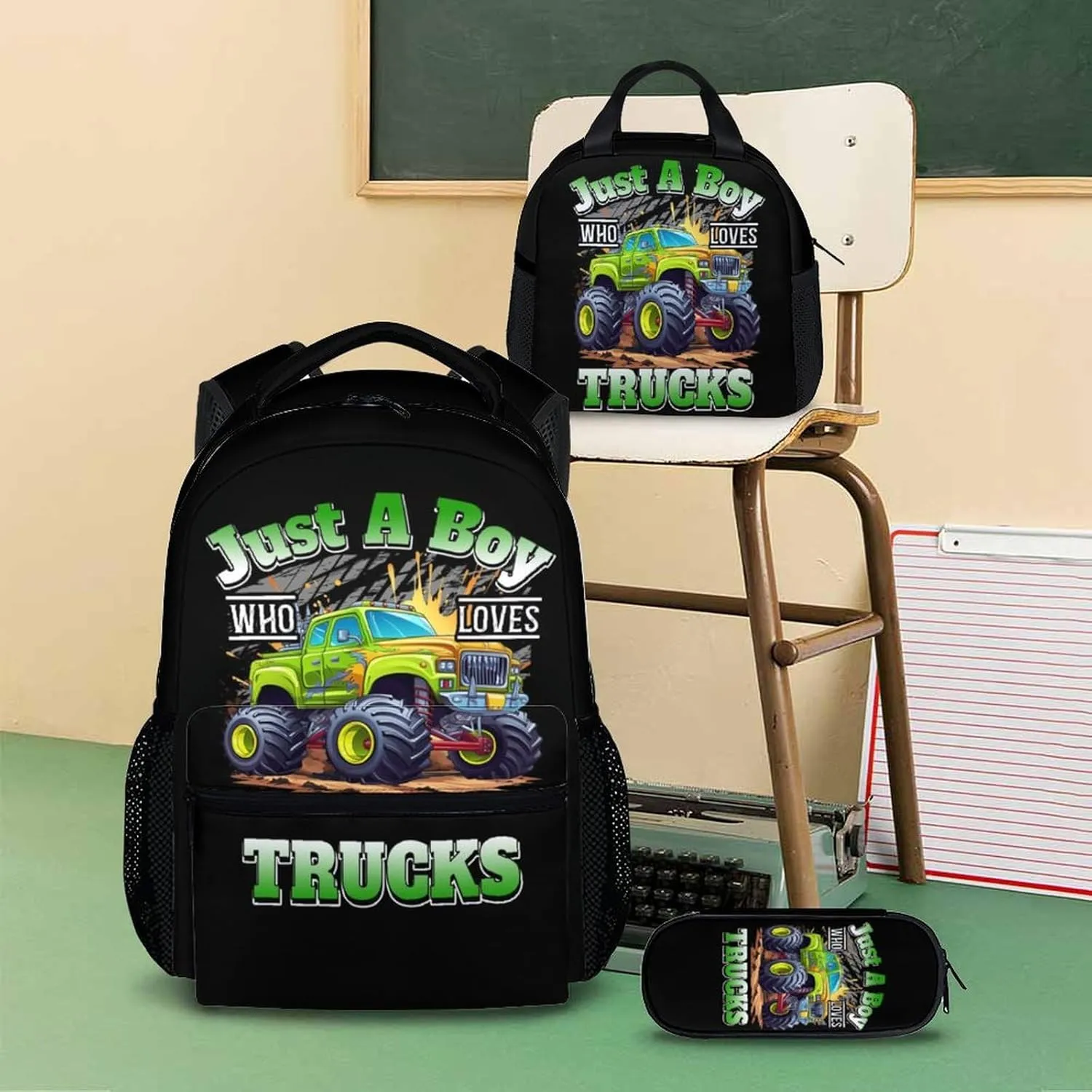 School Backpack with Lunch Box for Kids Boys - Set of 3 Truck Backpacks Matching Combo - Back to School Gifts - Cool Truck Bookbag and Pencil Case Bundle for Travel Hiking