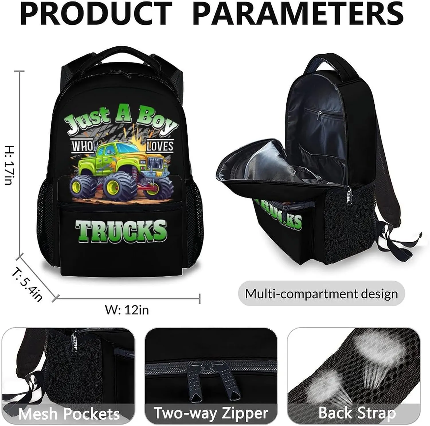 School Backpack with Lunch Box for Kids Boys - Set of 3 Truck Backpacks Matching Combo - Back to School Gifts - Cool Truck Bookbag and Pencil Case Bundle for Travel Hiking