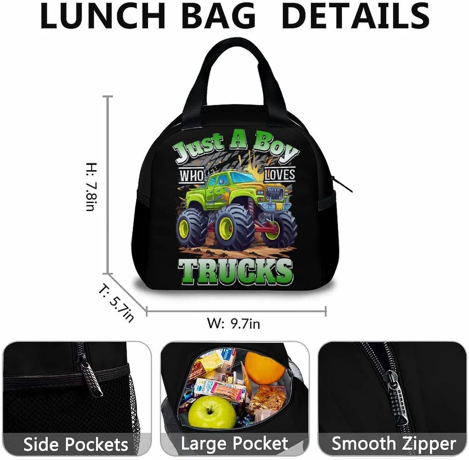 School Backpack with Lunch Box for Kids Boys - Set of 3 Truck Backpacks Matching Combo - Back to School Gifts - Cool Truck Bookbag and Pencil Case Bundle for Travel Hiking
