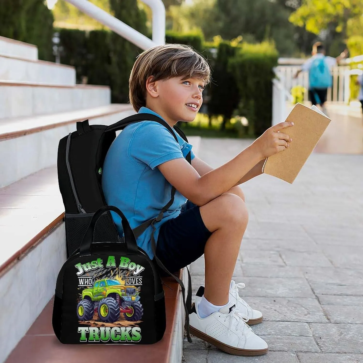 School Backpack with Lunch Box for Kids Boys - Set of 3 Truck Backpacks Matching Combo - Back to School Gifts - Cool Truck Bookbag and Pencil Case Bundle for Travel Hiking