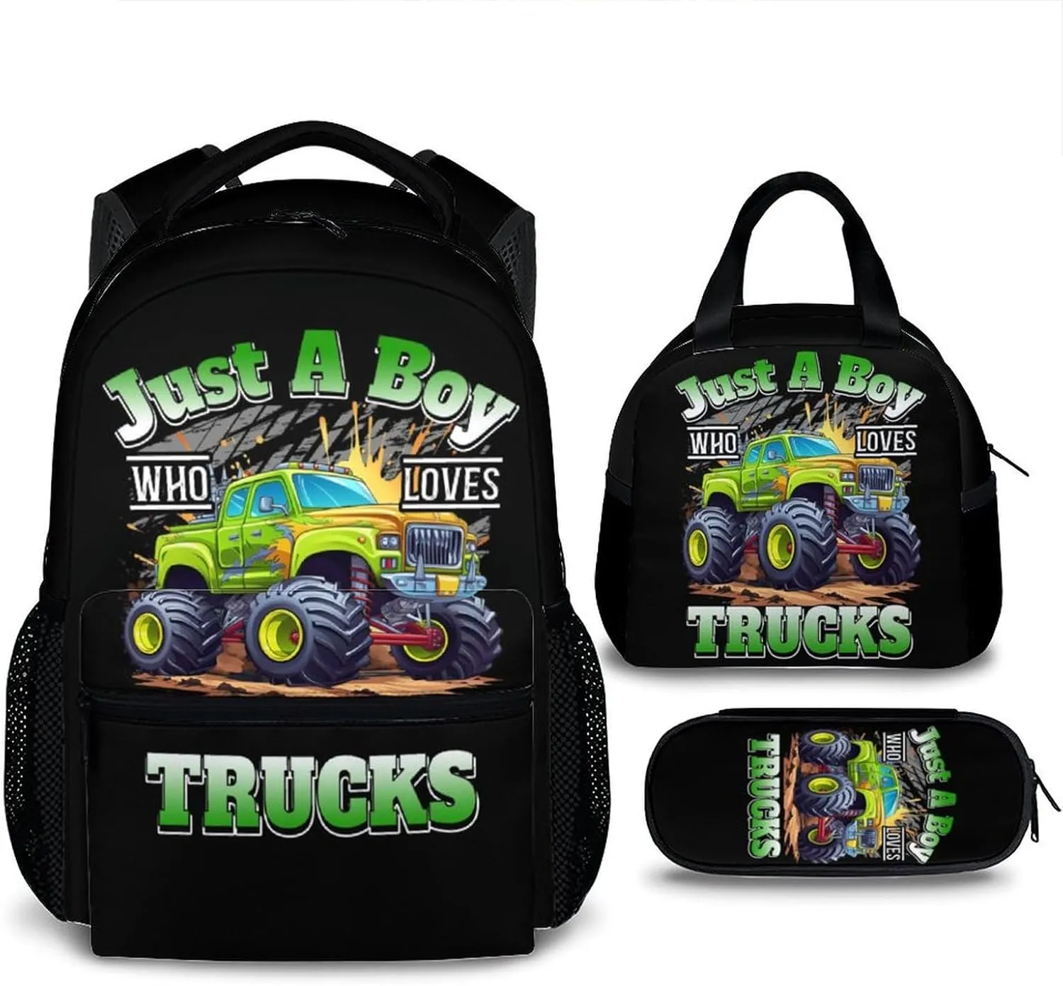 School Backpack with Lunch Box for Kids Boys - Set of 3 Truck Backpacks Matching Combo - Back to School Gifts - Cool Truck Bookbag and Pencil Case Bundle for Travel Hiking