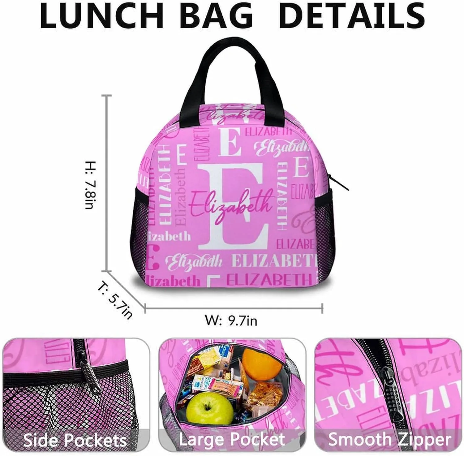 School Backpacks with Lunch Box Set, Custom Name Kids Backpack for Students Girls, Pink Bookbag with Pencil Case Bundle for Travel, Camping, Back to School Matching Combo Supplies Gifts