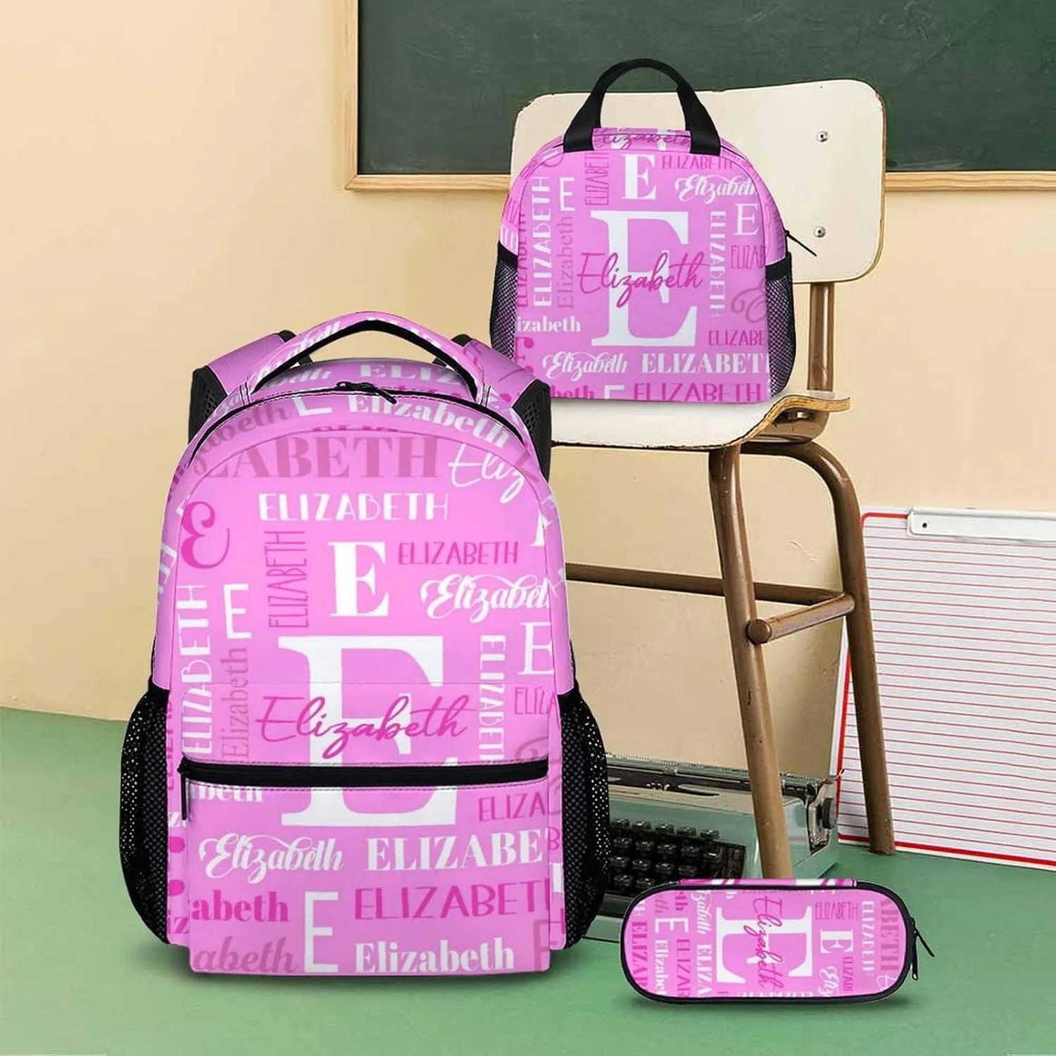 School Backpacks with Lunch Box Set, Custom Name Kids Backpack for Students Girls, Pink Bookbag with Pencil Case Bundle for Travel, Camping, Back to School Matching Combo Supplies Gifts